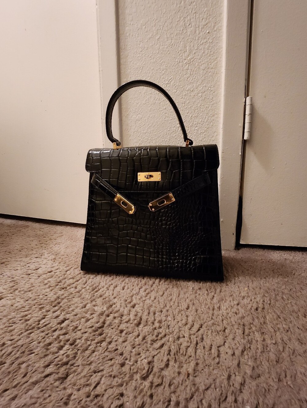Large Glossy Black Croc-Embossed Top-Handle Bag - Picture 11 of 13